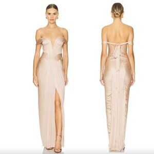 NEW Maria Lucia Hohan Camilla Gown Desert Rose Cream Nude Tan Silk Formal Maxi